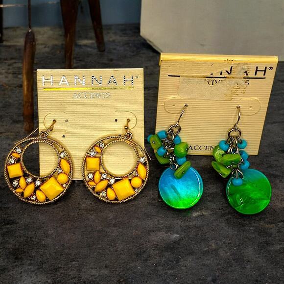 New With Tags! Hannah Accents 2 Dangle Earrings Lot! One Yellow & One Blue/Green - Picture 1 of 6